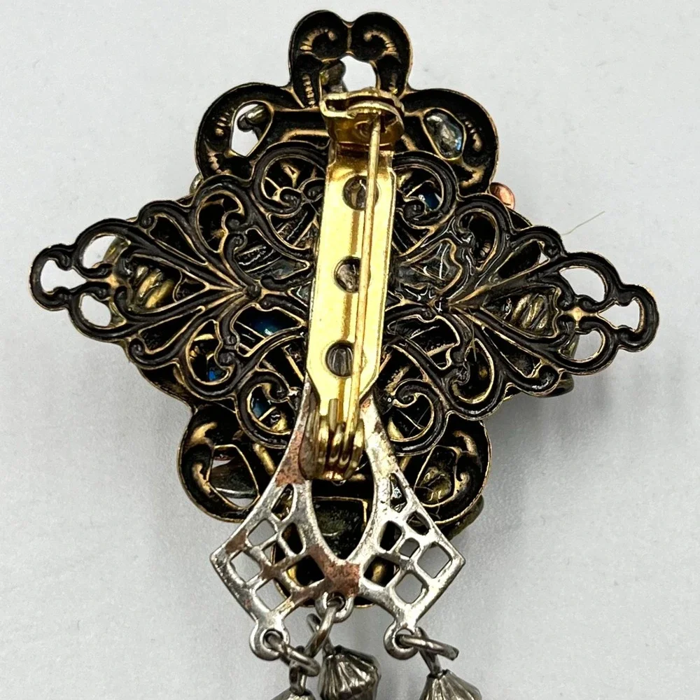 VTG Cross Brooch Faux Pearl Rhinestone Filigree Gothic Dangle Pin Mixed‎ Metal